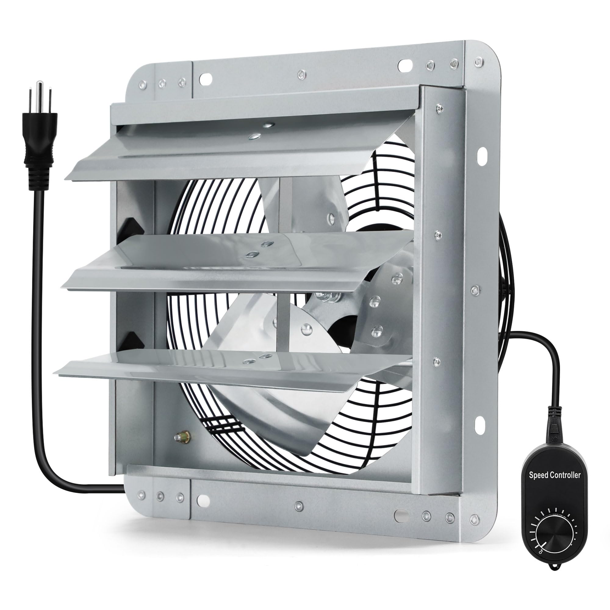 12 Inch Shutter Exhaust Fan with Speed Controller and Power Cord, Wall Mount Attic Fan for Greenhouses, Sheds, Garages, Chicken Coops, Barns Ventilation, 970 CFM