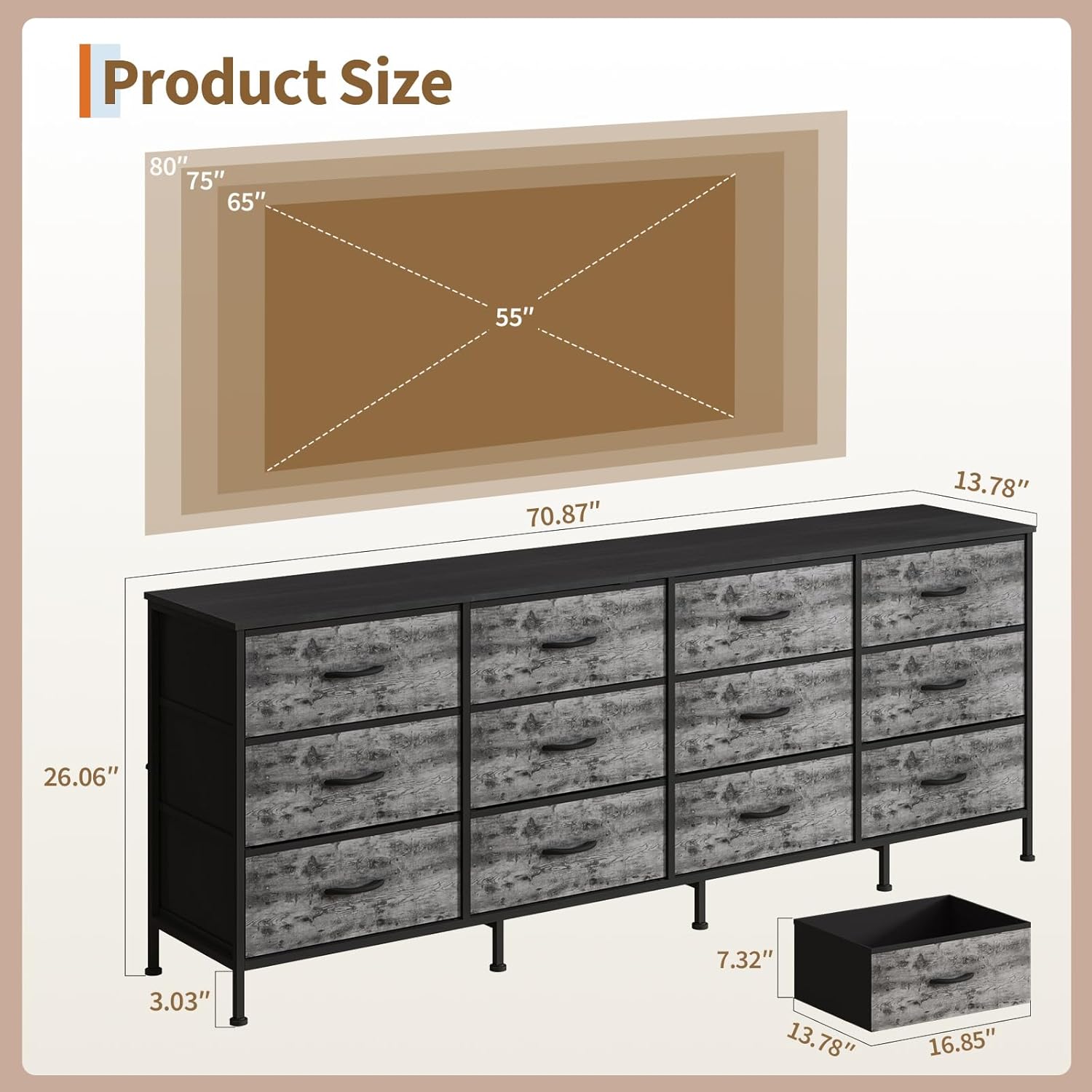 70 Inch TV Stands for Living Room, 12 Fabric Drawers, Charging Station, Long Entertainment Center Up to 80 Inch TV, Media Console Table with Storage for Bedroom, Entryway,
