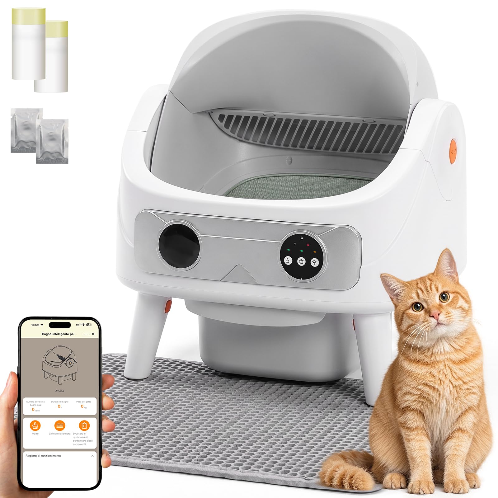 AMIPOW Lettiera Gatto Autopulente Aperta 80L & 11L, Controllo Tramite App | Lettiera Autopulente per Gatti con Cestino da 11L, Tappetino per lettiera, Sacchetti specifici per rifiuti 2 Rotoli