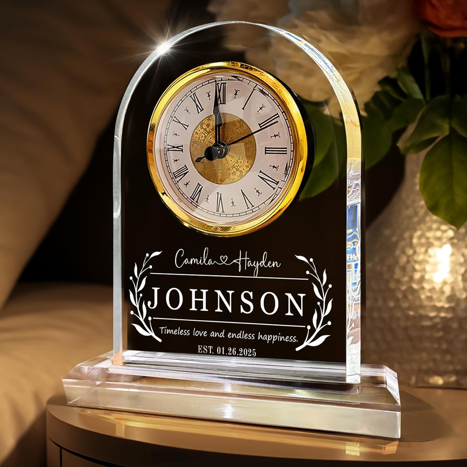 Personalized Anniversary Wedding Clock for Couple, Parents, Grandparents, Husband, Wife, Custom Valentine’s Day Gift Anniversary Wedding Gift for Him, Her, Personalised Mantel Clock