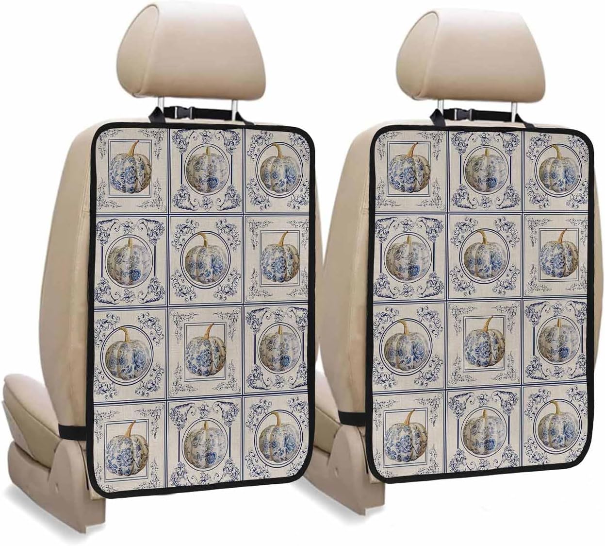 Car Seat Protector, 2 Pack Kick Mats Back Seat Protector Fall Thanksgiving Pumpkin with Floral Vintage Blue and White Porcelain Plaid Backseat Cover for Universal Fit Automotive Interior Protectors