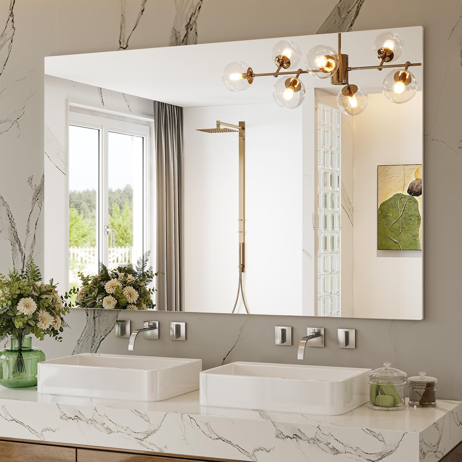 Photo 1 of Brauthon Frameless Mirror, 55" x 36" Frameless Bathroom Mirror, Large Vanity Wall Mirrors Home Gym Tempered Glass Mirror for Over Sink, Yoga Studio, Bedroom, Living Room