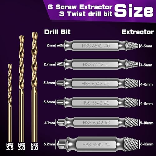 Miniatura 5 de YURINWOO Juego de 9 extractores de tornillos dañados, kit extractor HSS 6542 mejorado y 3 brocas giratorias para tornillos dañados rotos, regalo de