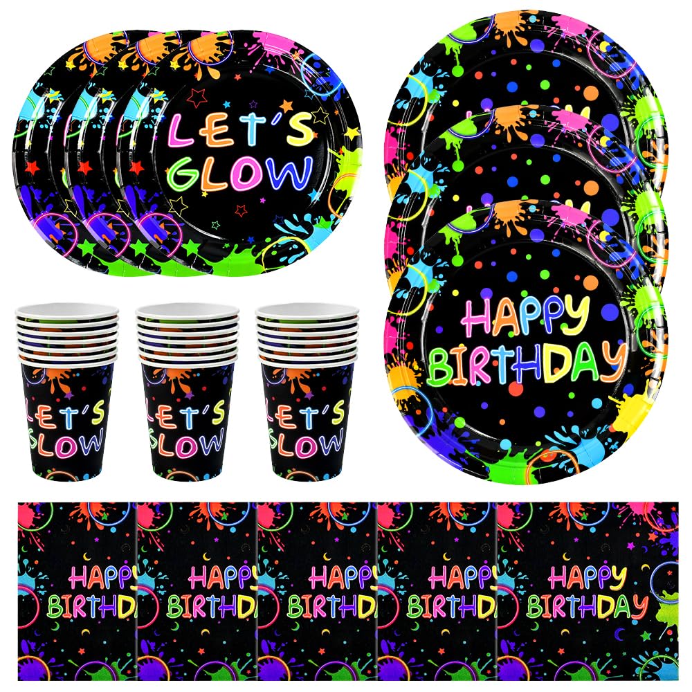 SLTAXAR 80 Stück Happy Brithday Neonfarbenes Pappteller Glow Party Partygeschirr Set für 20 Gäste Neon party Deko Teller Becher Servietten Geburtstagsdeko Bunt Party Geschirr für Geburtstag