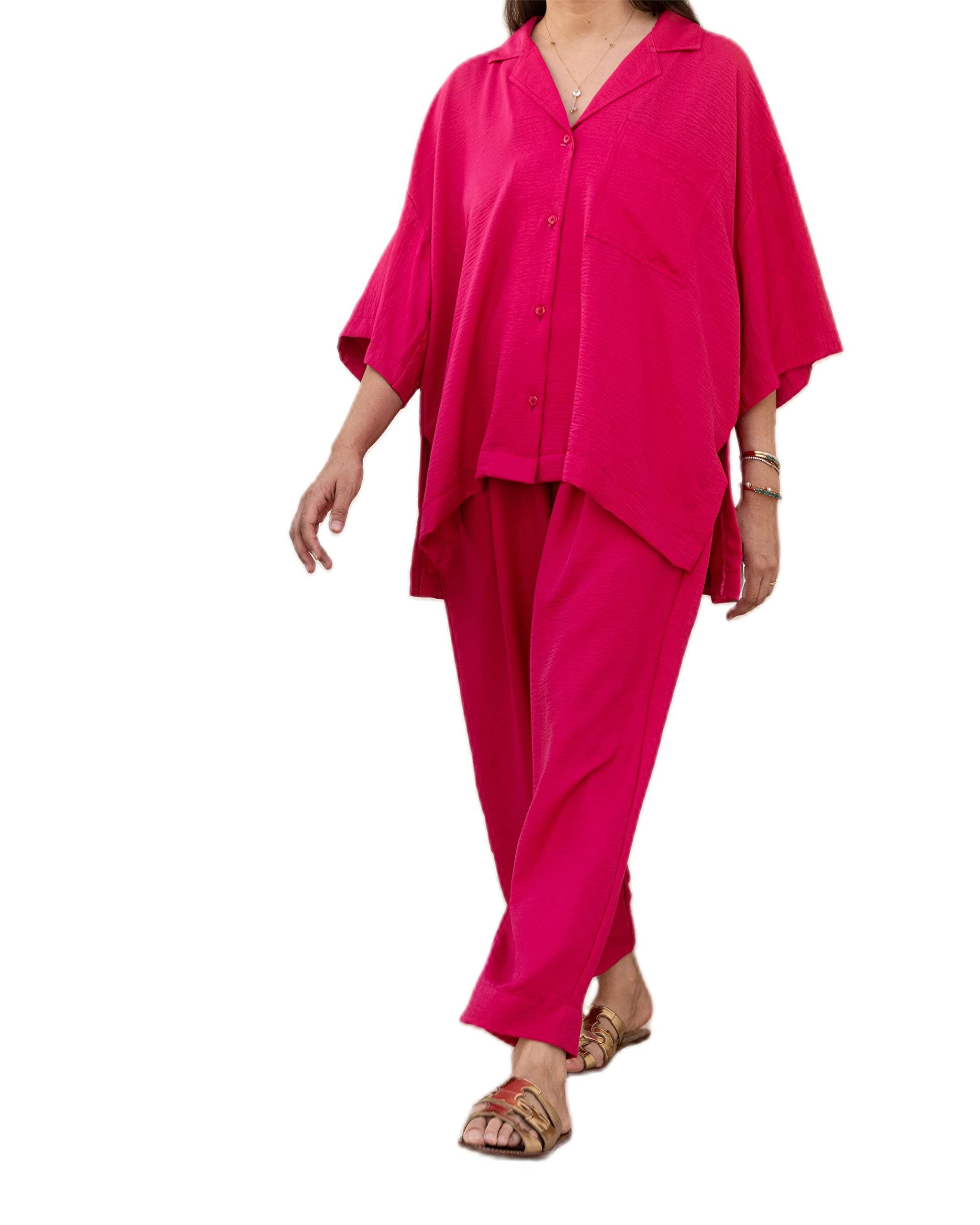 SG LabelWomens Pink Silk Top and Pant Set, Pink, M