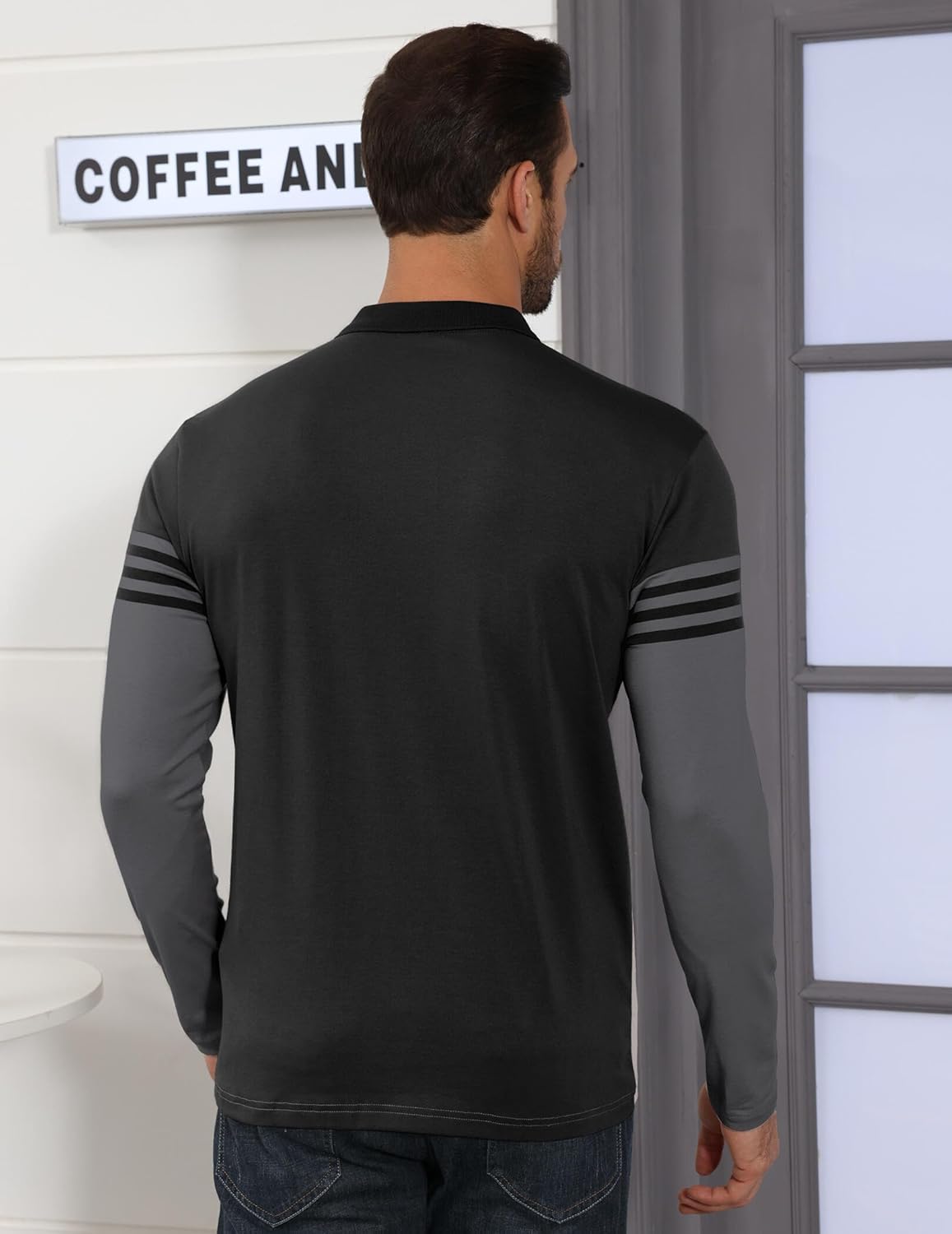 Men's Long Sleeve Polo Shirt Striped Cotton Moisture Wicking Classic Collared Casual Golf Shirts for Men