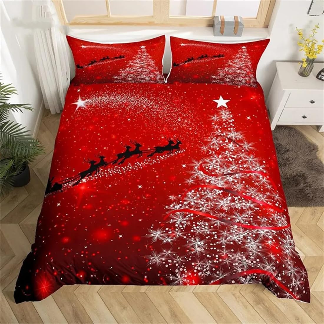 NTCYGJ Christmas Queen Duvet Cover,Red Christmas Tree Elk