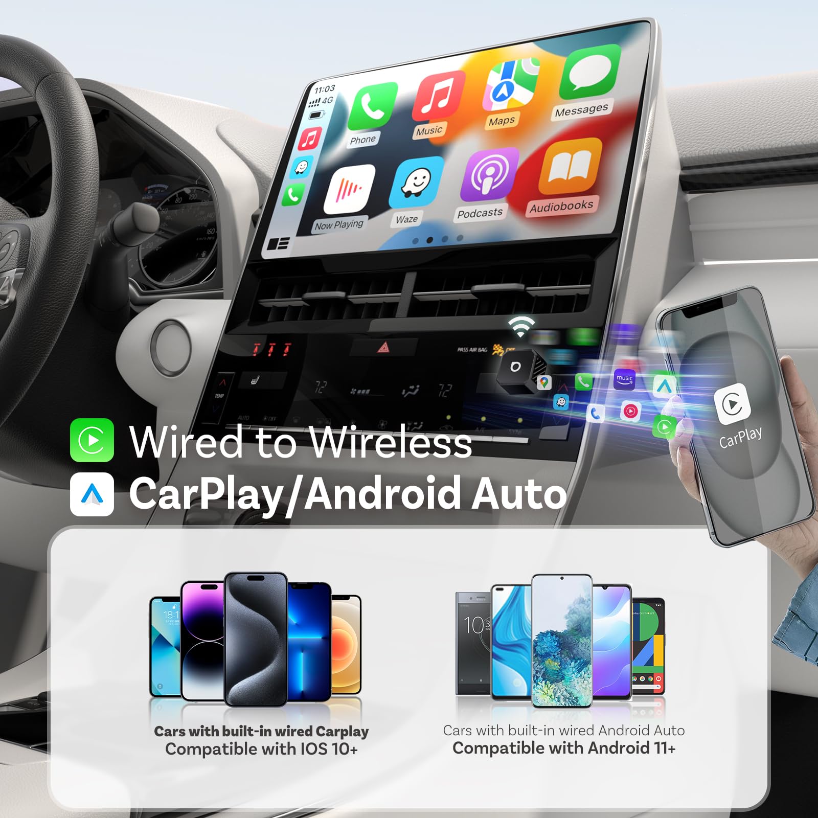 OTTOCAST Mini Pot 2026 Typ-C, 2 w 1 CarPlay i Android Auto Wireless adapter do iOS 10+/Android 11+, Plug & Play, aktualizacja OTA, konwertuje przewodowy na bezprzewodowy, czarny