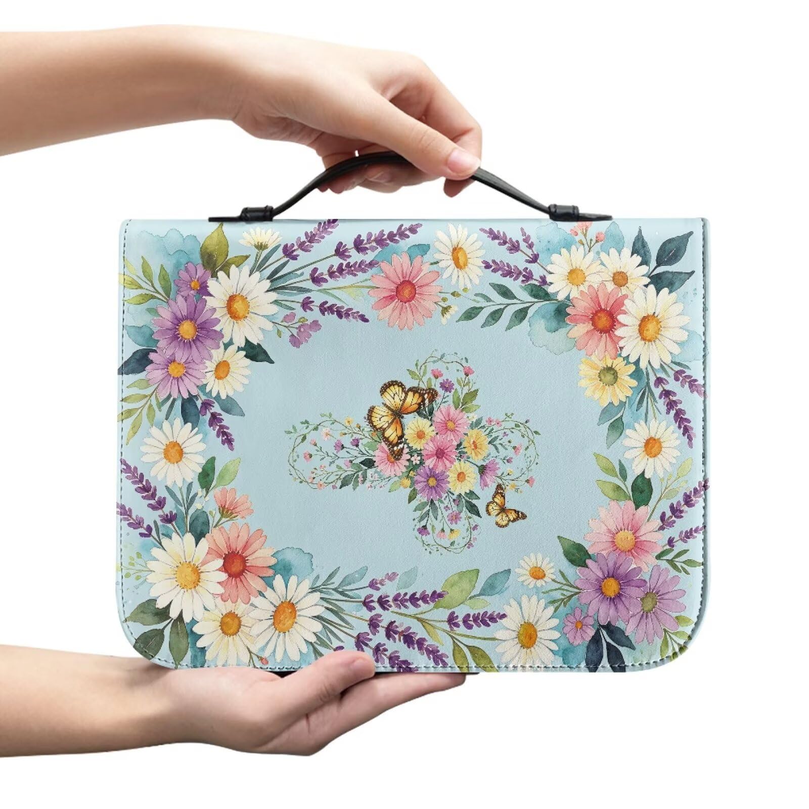 Kuiaobaty Daisy Butterfly Bible Case Organizer Portable Book Bag PU Leather Book Protector with Inside Pocket & Handle, 4 Size — image 1