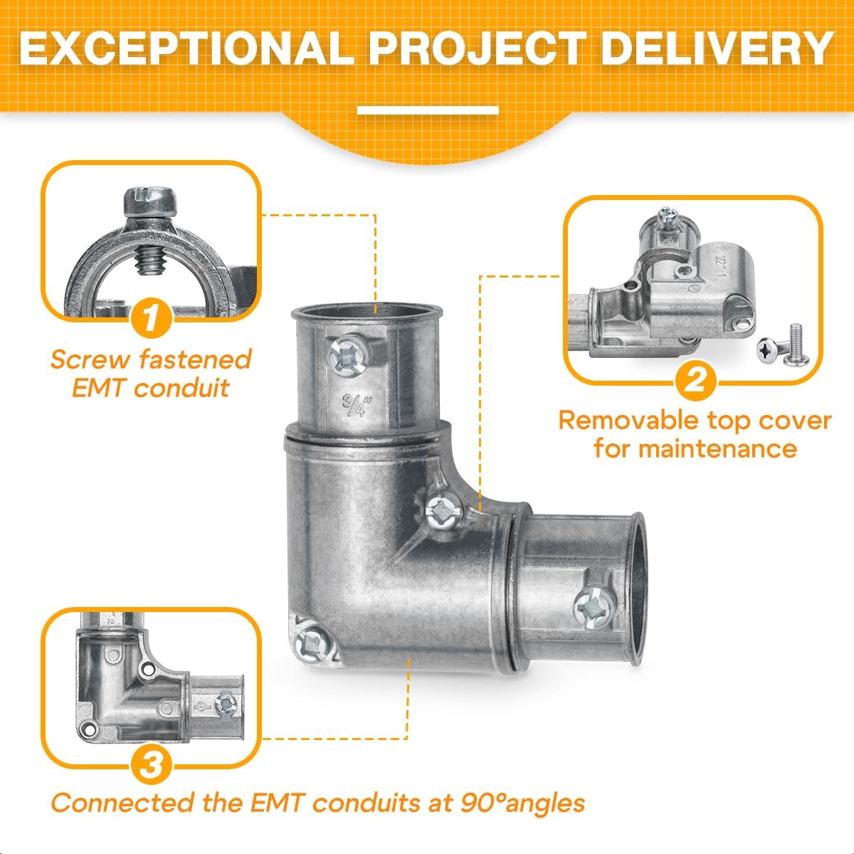 3/4 Inch EMT to EMT 90 Degree Inside Corner Pulling Elbows, EMT Conduit Fittings Set Screw; Electrical Metallic Tube Kit Die Cast Zinc Elbow Capped Corner Coupling (8 Pack)