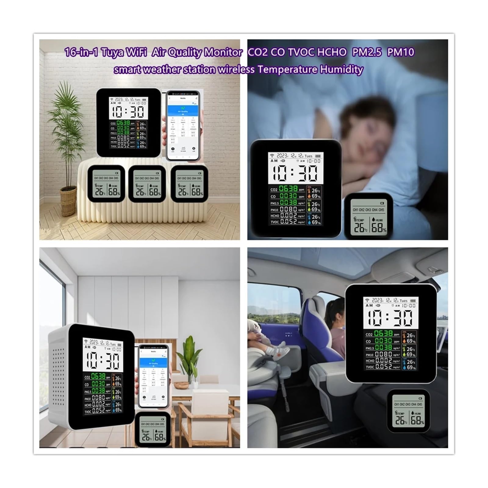 Estación Meteorológica, Monitor de calidad del aire intelinte 16 en 1 con wifi, CO2, CO2, TVOC, HCHO, PM2.5 y PM10, y estación meteorológica intelinte inalámbrica con temperatura y humedad.((with 1 Se