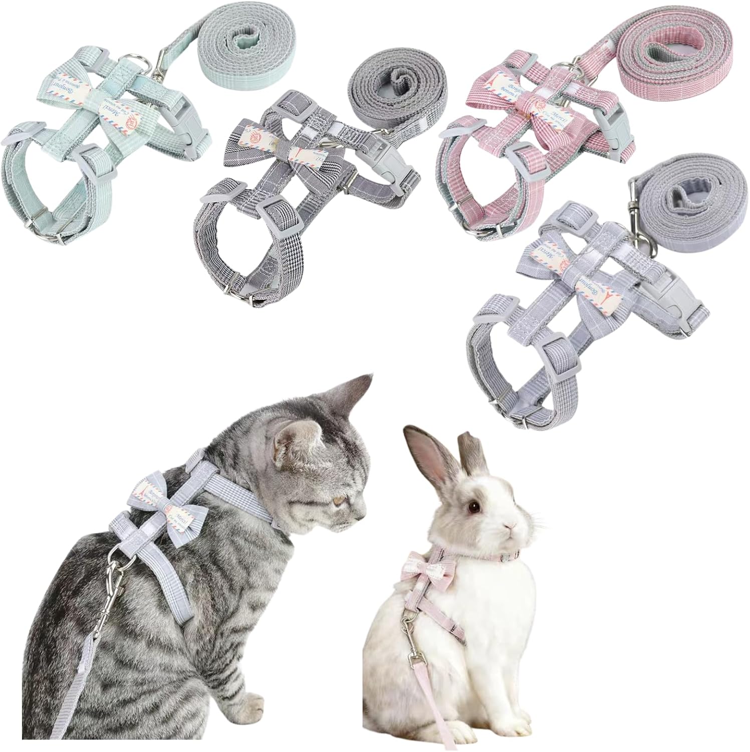 4Sets Adjustable Rabbit Harness and Leash Bunny Harness Vest Ferret Leash with Bow Tie Decor for Rabbit Kitten Puppy Ferret Small Pets (L)