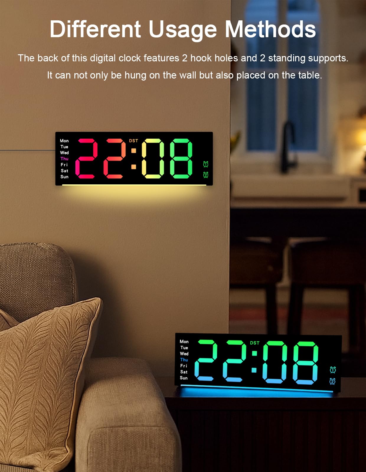 Cyfrowy zegar ścienny, duży wyświetlacz, z pilotem zdalnego sterowania, kolorowy zegar cyfrowy RGB LED z datą i dniem tygodnia, automatyczna jasność, czas letni, temperatura, cyfrowy budzik do