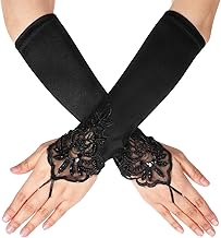 Piriuuo Lange Spitze Opernhandschuhe, Damen Satin Fingerlose Handschuhe Cosplay Handschuhe Retro Opera Handschuhe mit Fingerschlaufen 1920 Handschuhe Schwarze Spitze Handschuhe für Hochzeit, Party