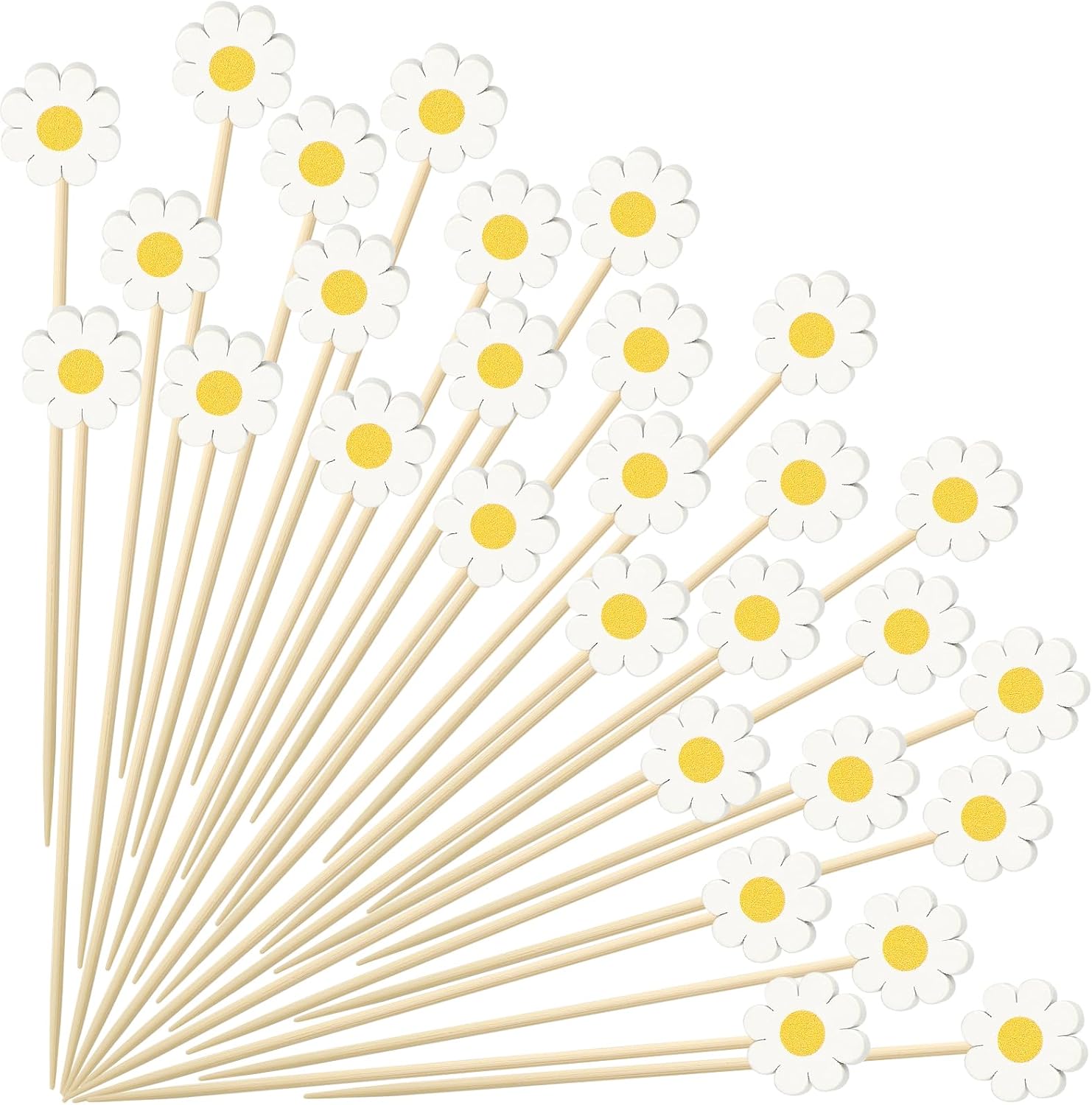 Daisy Cocktail Picks, 4.7 IN Flower Toothpicks for Appetizers, Wooden Skewers Bamboo Sticks for Food Fruit Drinks, Spring Easter Mothers Day Birthday Floral Party Decorations Charcuterie Accessories
