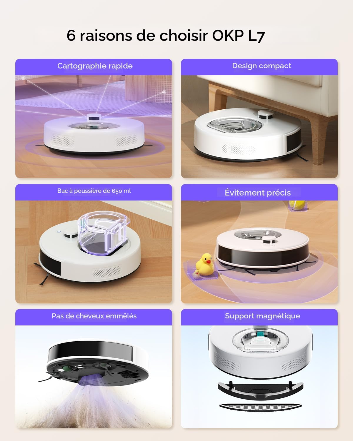 OKP L7 Robot Aspirateur, LiDAR DToF Avec Cartographie Intelligente, 6000Pa D'Aspiration, 150 Minutes D'Autonomie Design Mince 9,4 Cm, App/WiFi, Auto-Charge