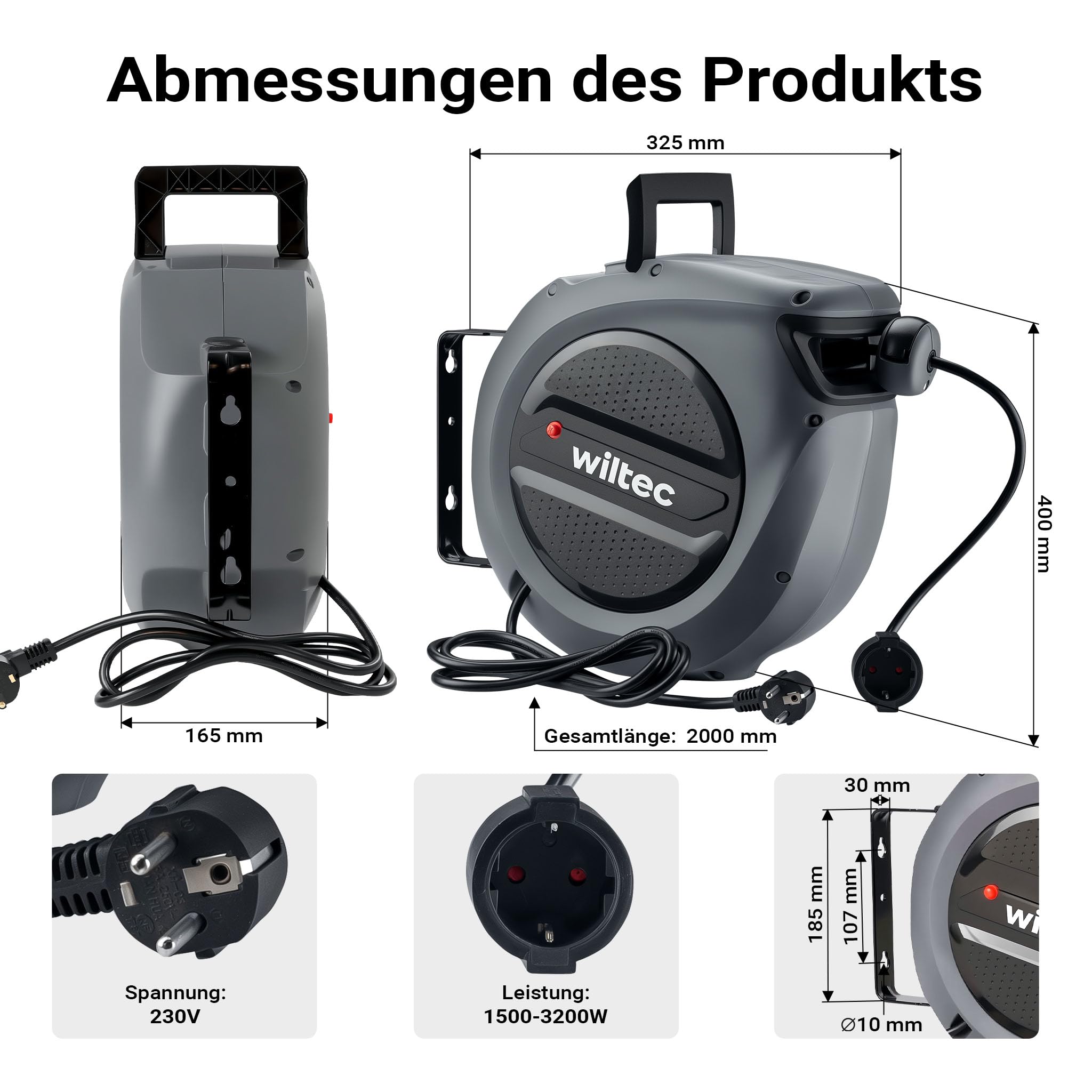 Wiltec Avvolgicavo elettrico automatico 20 m + 2 m, avvolgitore cavo automatico 1500-3200 W, prolunga elettrica avvolgibile con staffa a 180°