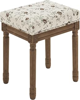 LUE BONA Vintage French Vanity Bench Stool, Upholstered Floral Makeup Chair | Square Tufted Chenille Ottoman Seat, Carved ...