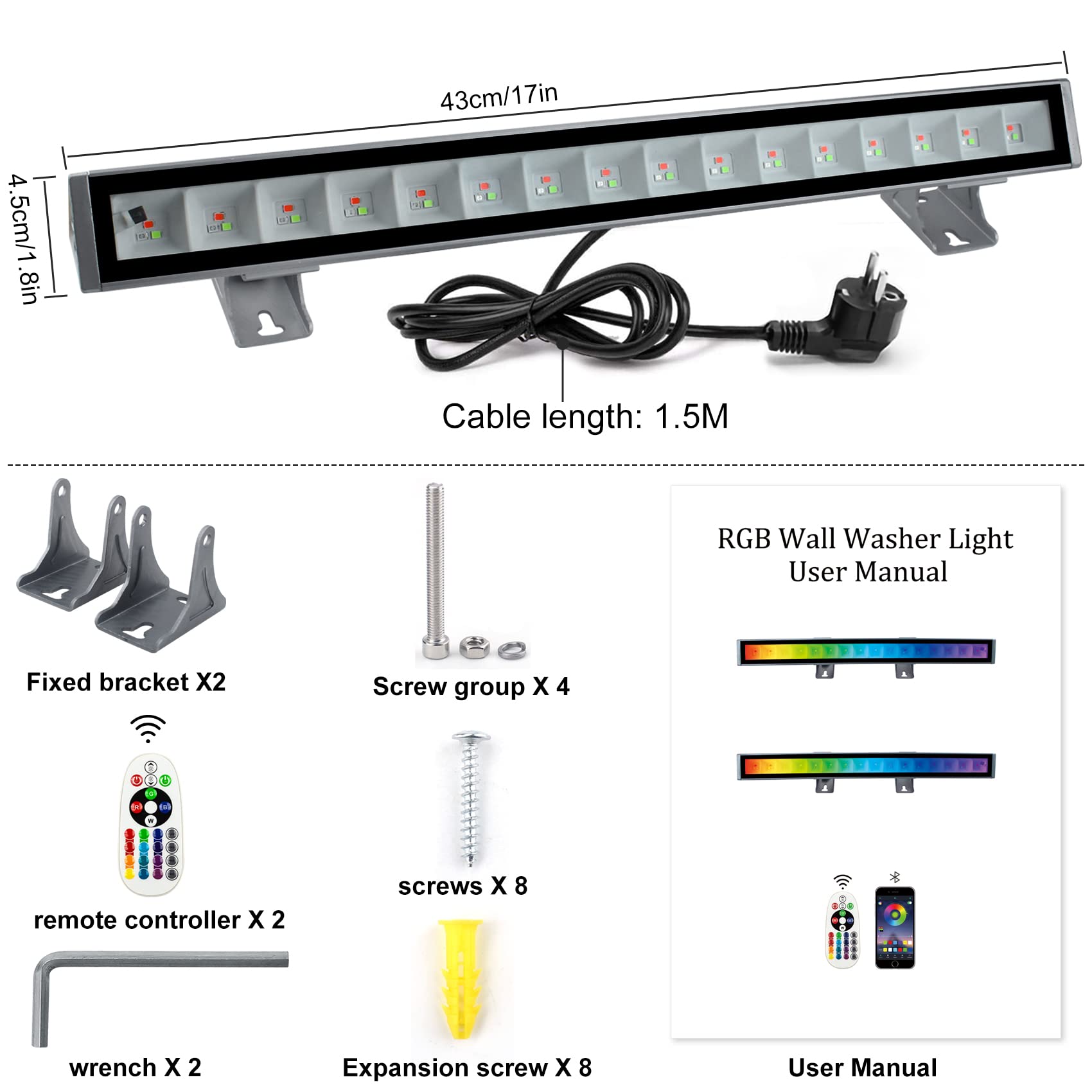 CREATESTAR RGB LED Strahler, 48W RGB Wallwasher Licht, LED Bar Lichteffekte IP66 Wasserdicht Smart Partylichter mit Fernbedienung und APP Kontrolle für Aussen Innen Baum Party Garten