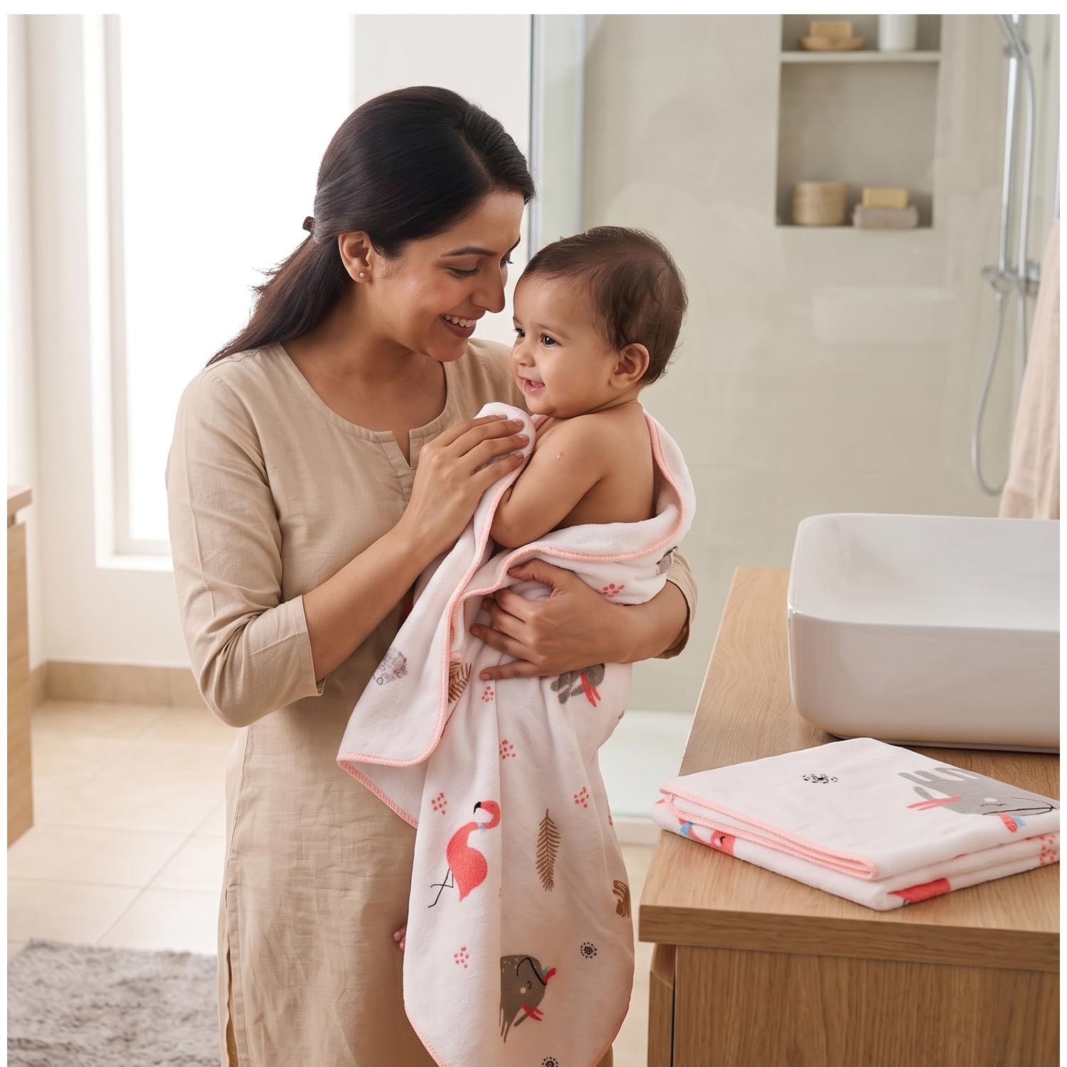 Mee Mee Micro Fiber Baby Bath Towel for New Born | Wash Cloth, Quick Absorbent, Extra Soft Cotton Towels for Kids/Toddlers/Infants/Babies, Pack of 1, Pink 70X110 CM-picture-36