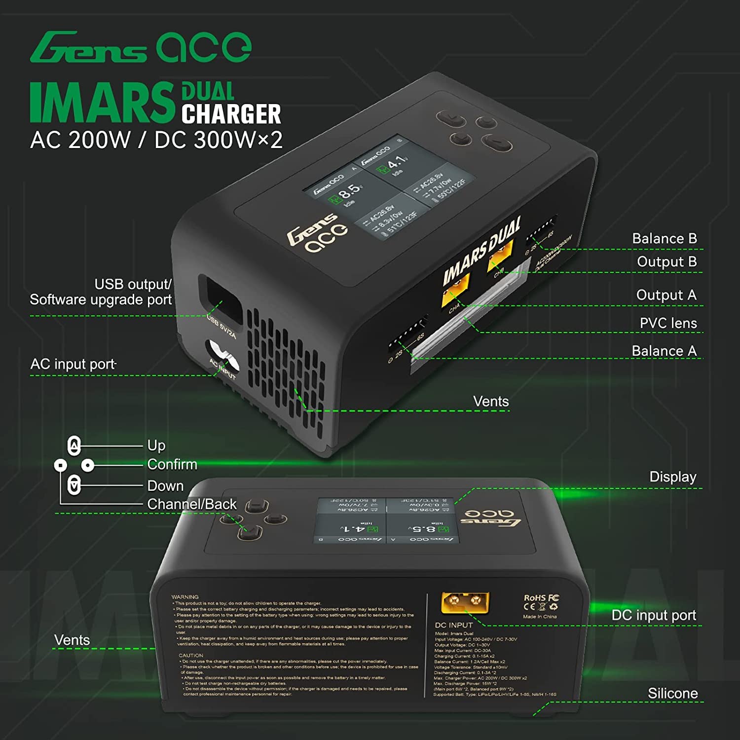 Gens Ace Caricabatteria Imars Dual Channel AC/DC,15A Charge Rate,100V-240V Voltage,per Ricaricare la batteria dell'auto FPV Drone RC (Nero)