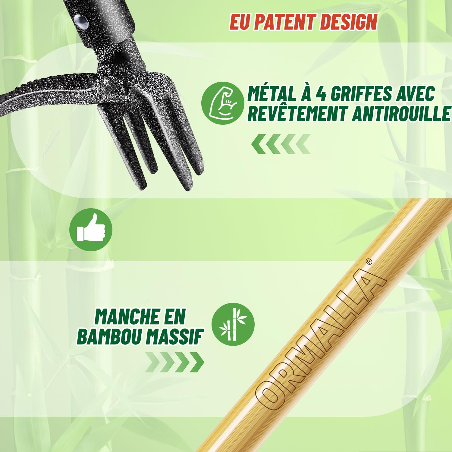 Désherbeur Manuel 1.1m Longueur, Arrache Pissenlit, Manche en Bambou Naturel et 4 Griffes en Métal, Désherbeur de Jardin Debout avec des Gants de Jardinage, Adapté Aux Animaux (Upgrade)