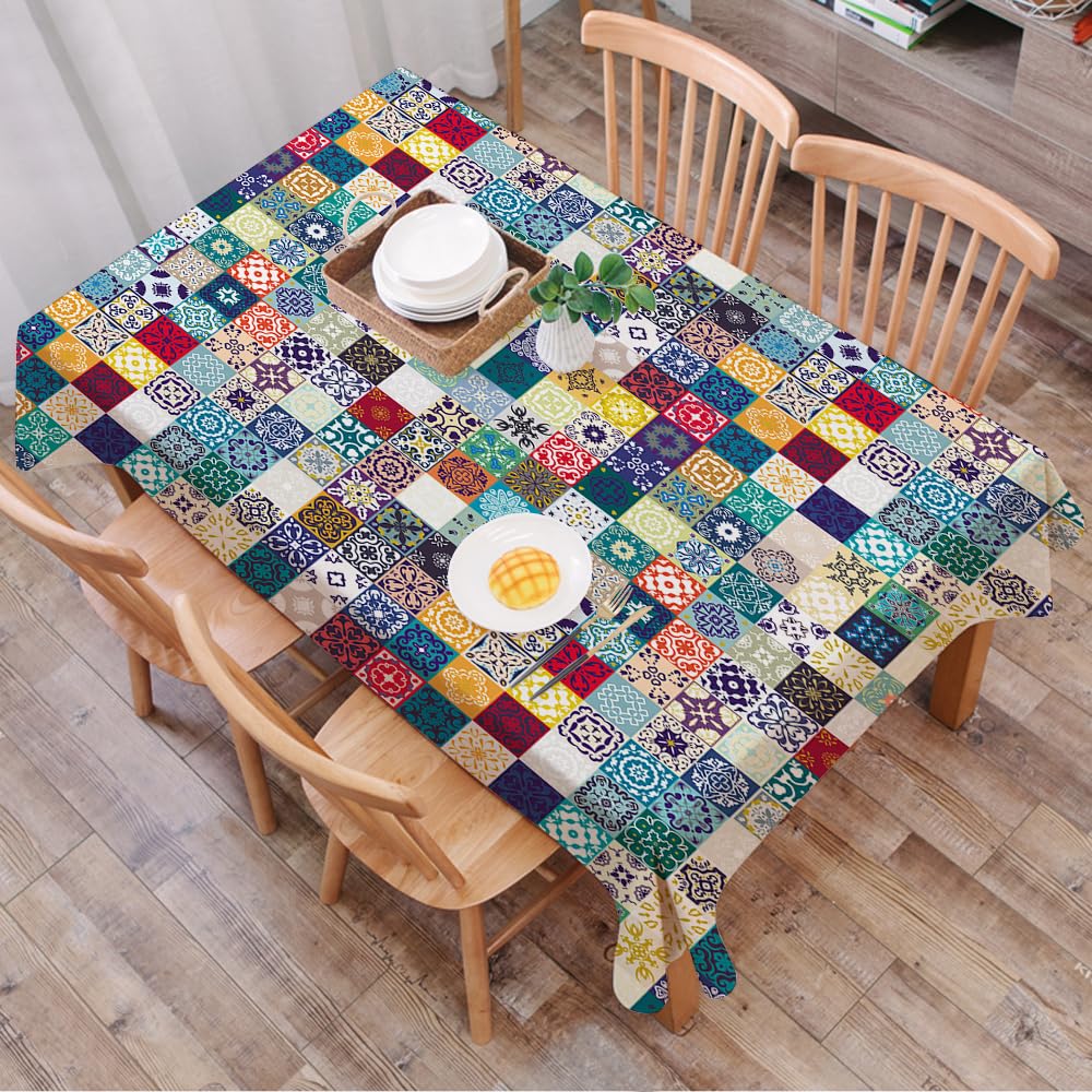 Dalexhm Floral Patchwork Tile Design. Colorful Moroc - A4 Table Cloth Wipe Clean Rectangular, Wipeable Tablecloths,Dining Table Cover For Kitchen Outdoor Garden Table,Floral Patchwork Tile Design. Colorful Moroccan Mediterranean Square Tile,54X72 In