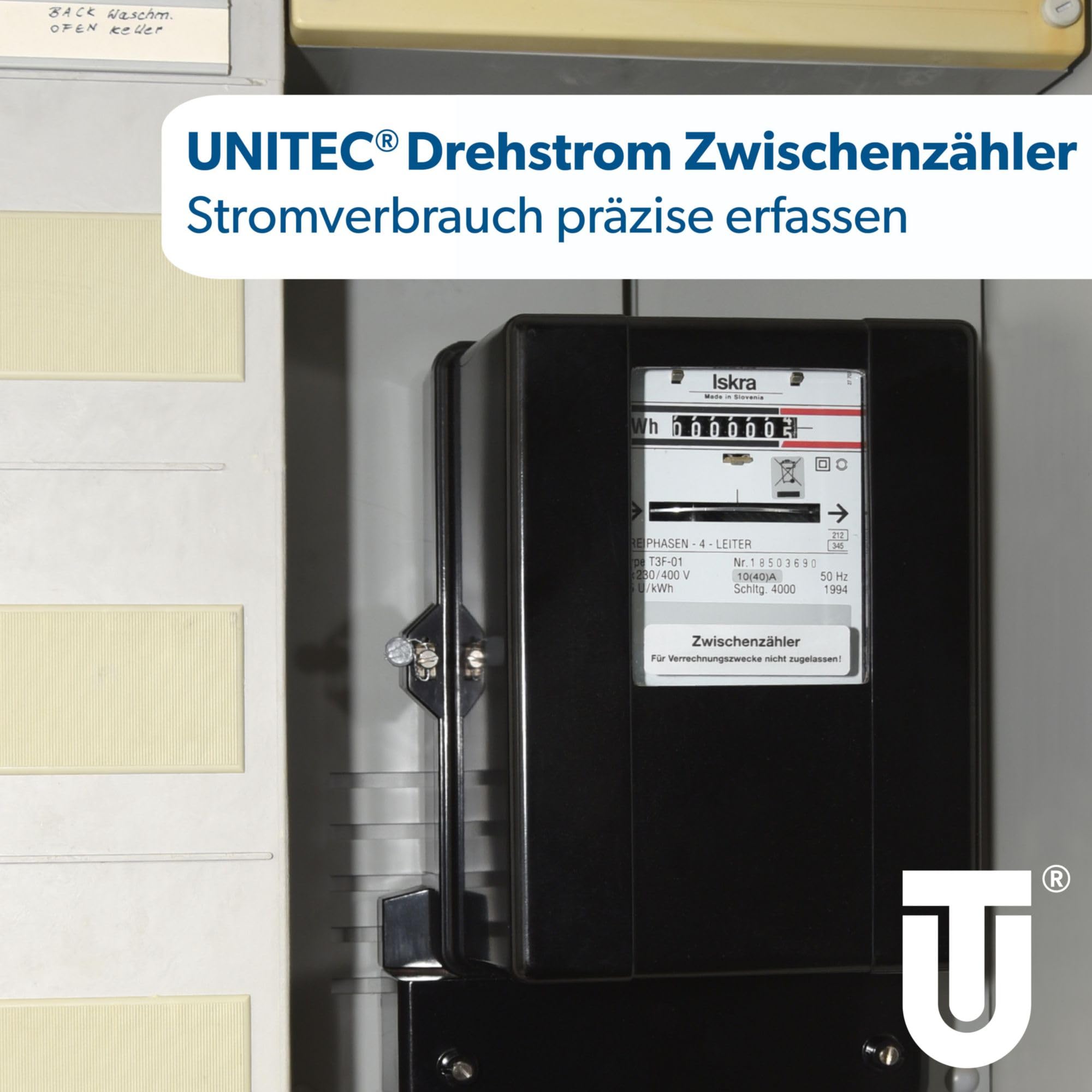 UNITEC Drehstrom-Zwischenzähler | generalüberholt | für interne Verbrauchsmessung | max. 40 A | analoge Anzeige | Bemessungsspannung 230–400 V | mit Deckel & Schaltbild | kompakt 295x160x190 mm