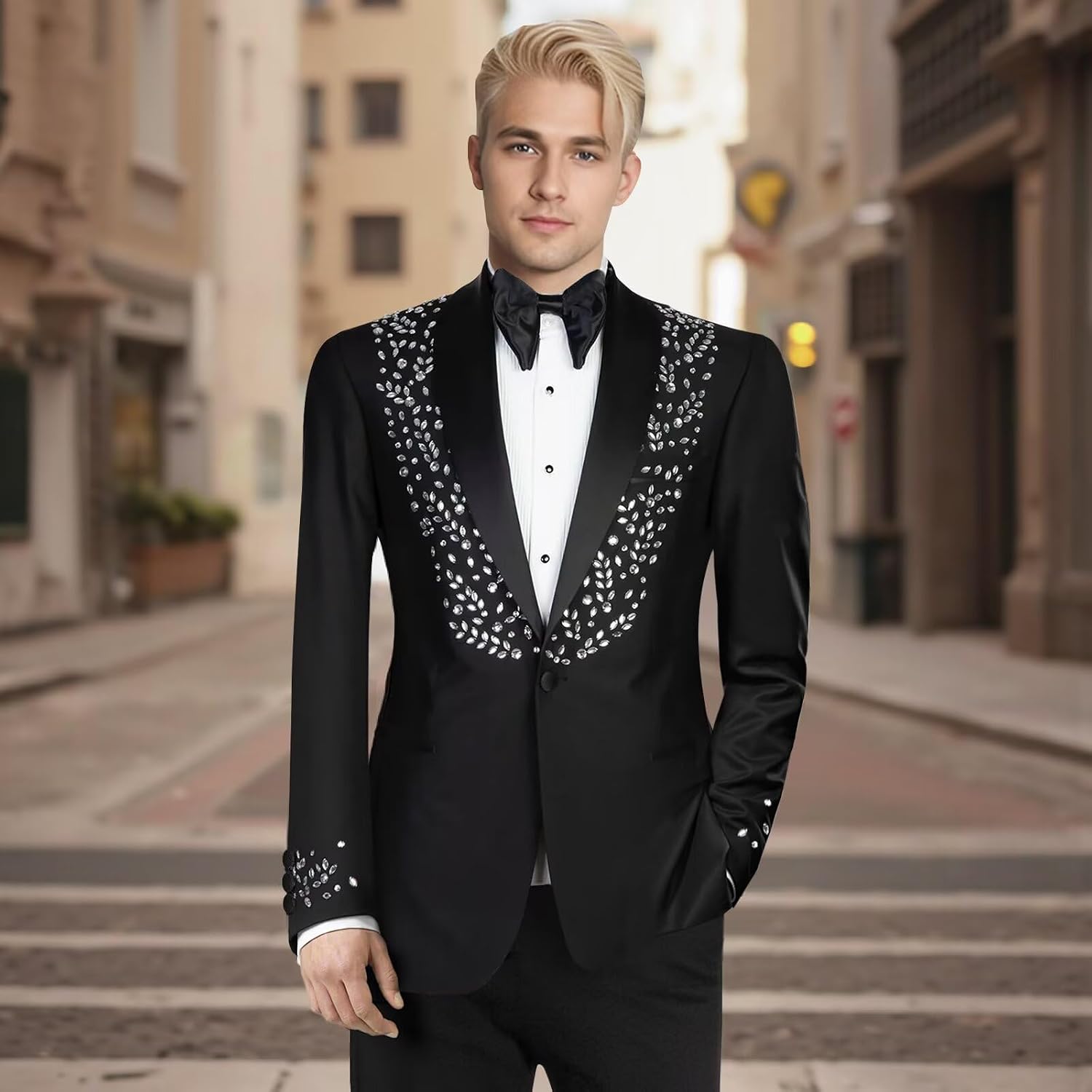 Men's 2 Piece Suit Slim Fit Suits for Men One Button Blazer Wedding Party Jacket Pants Set Beads Tuxedo Set