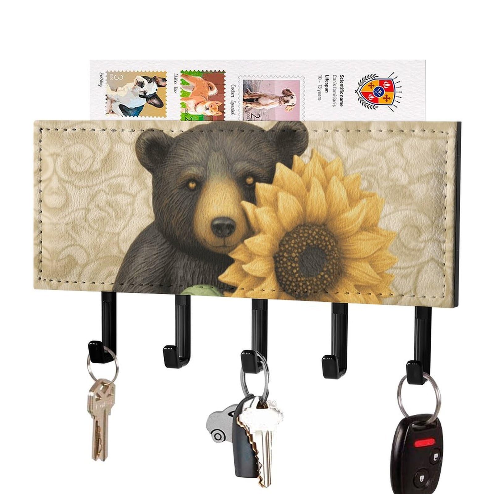 DWVTSLH Sunflower and Bear Key Holder for Wall, Decorative Key Hooks with Mail Organizer & 5 Hooks, Self Adhesive Leather Key Hanger for Entryway, Wall Mounted Key Rack (7.1” X 4.3” X 0.9”)
