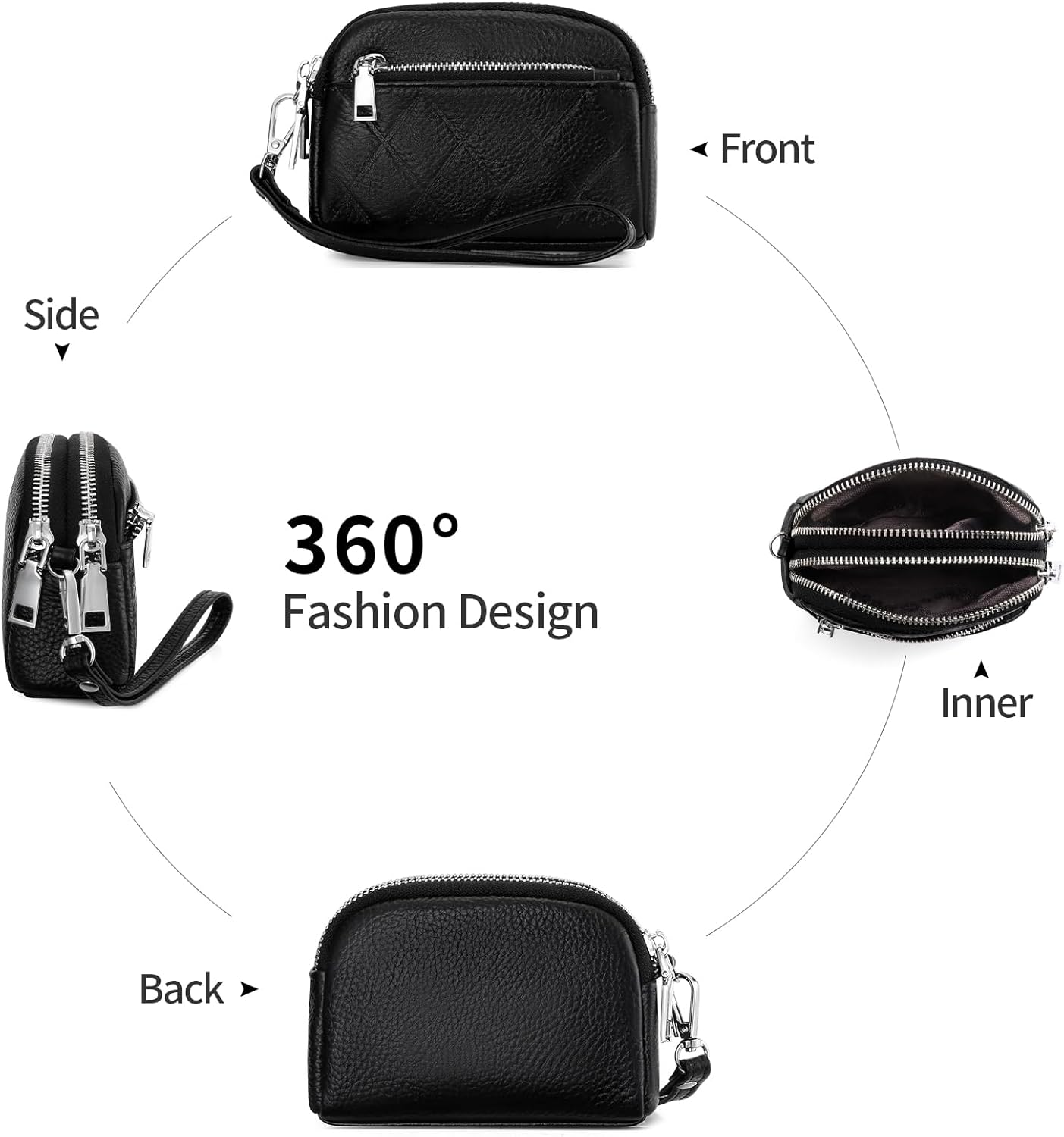 SENDEFN Women's Coin Purse Genuine Leather Wallet 3 Zippers Change Pouch with Wristlet - Image 3