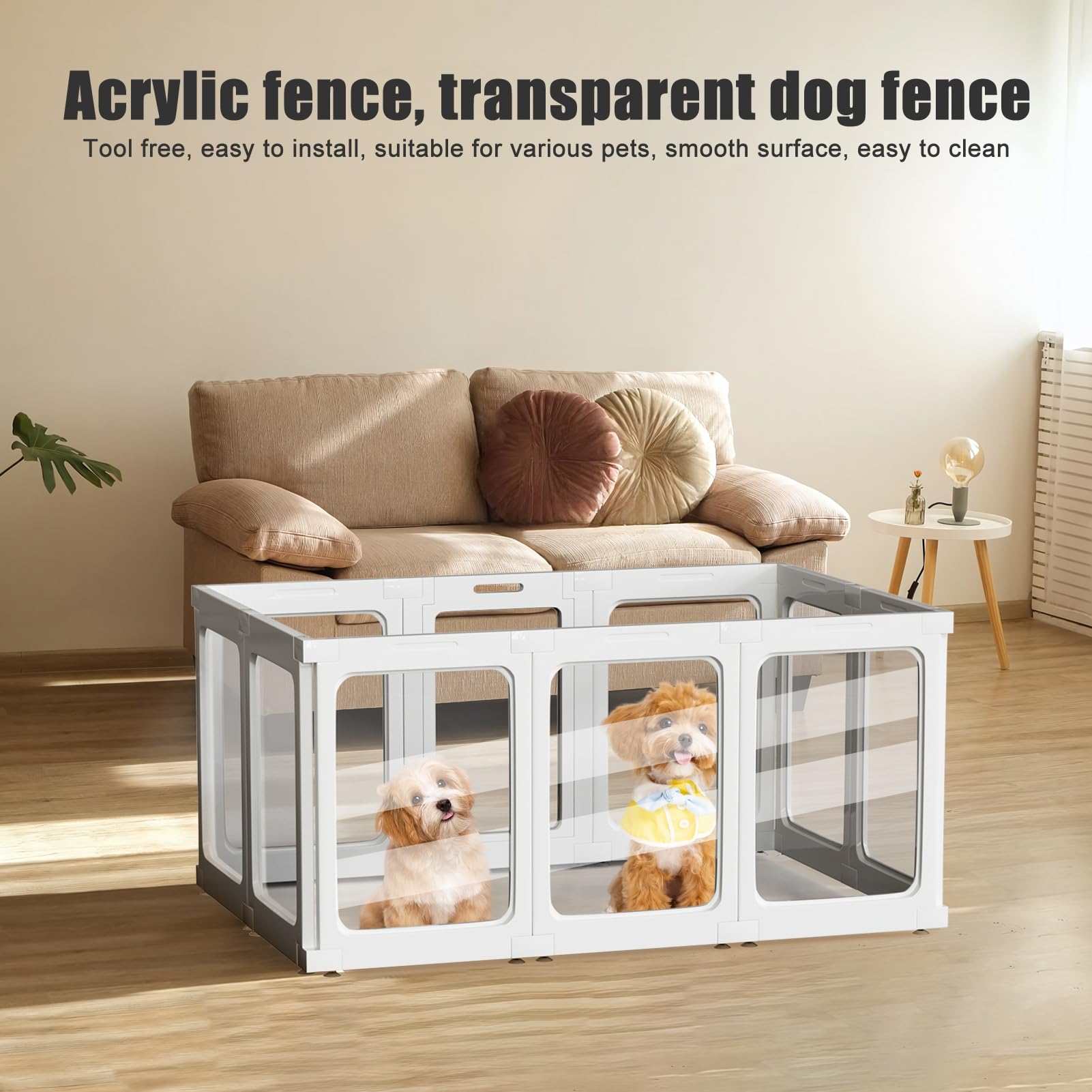 Doorzichtige hondenbox, acryl box for honden, werpkist for puppy's, thuis binnenhond huisdierhek met deur, opvouwbare hondenhek met doorloopdeur, eenvoudige montage(H77CM,A-6 Panel