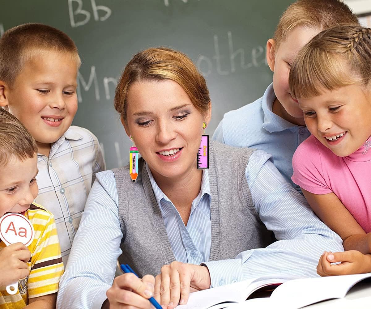 4 Pairs Teacher Earrings for Women Enamel Rainbow Pencil Dangle Earrings Statement Pencil Math Drop Earrings Fun Back To School Jewelry Teacher Appreciation Gift - Image 2