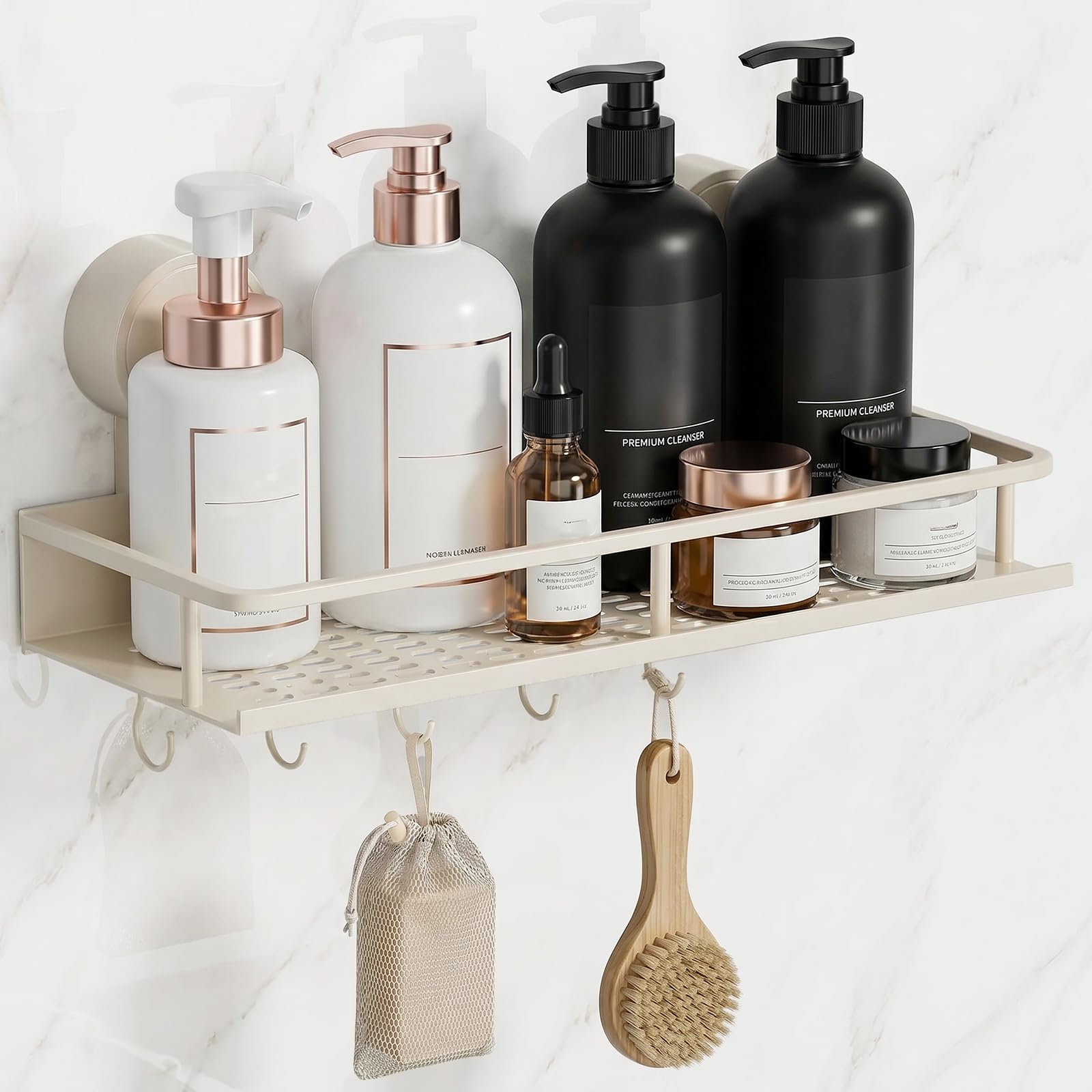 Rustproof Shower Caddy Suction Cup - Bathroom Shelf with 5 Hooks, No Drilling Max Hold 10KG, Removable Waterproof Wall Shower Storage Organizer for Shampoo Soap, for Bath Kitchen, Laundry Room - White