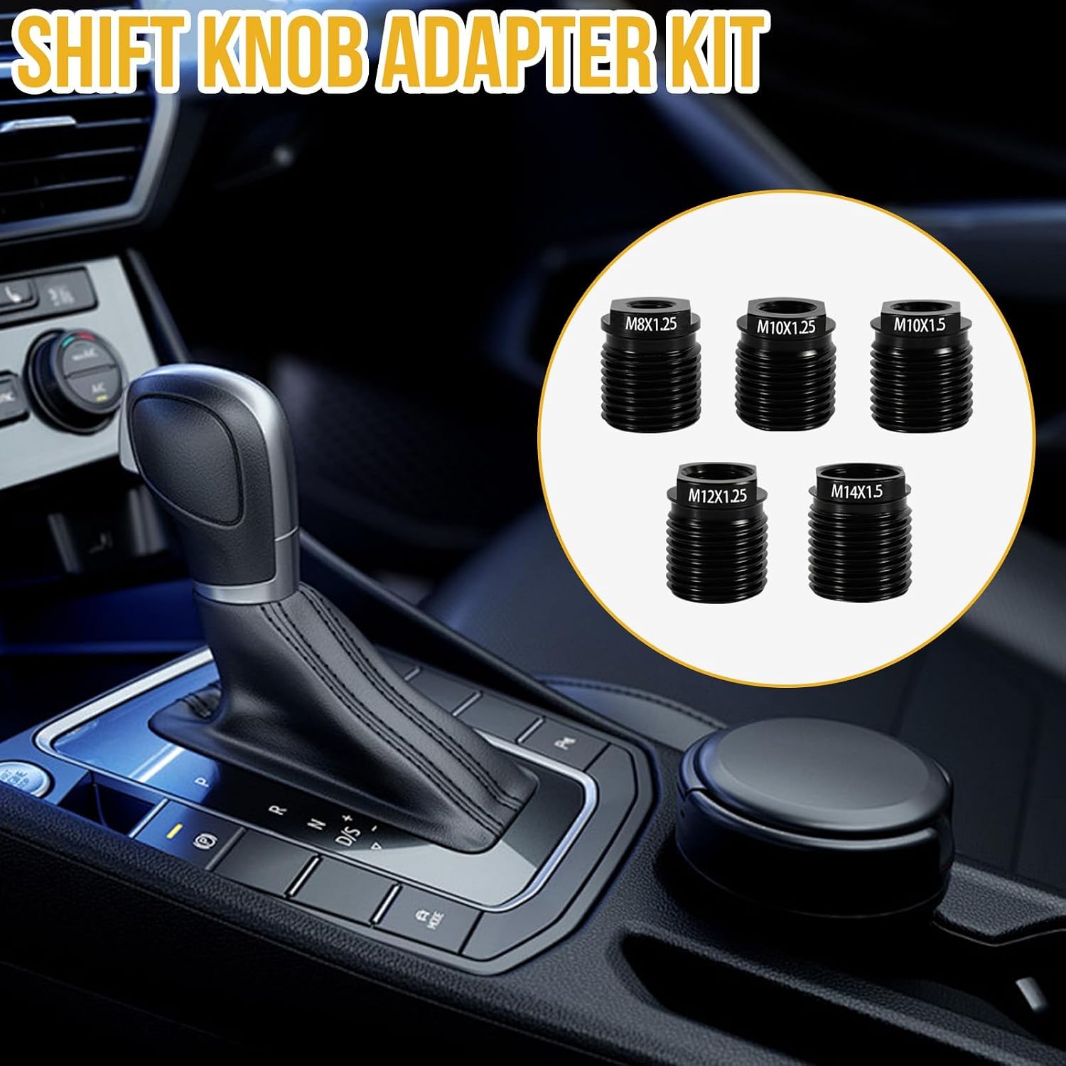 CANIPHA 10Pcs Gear Shift Knob Adapter Kit, Universal Aluminum Alloy M10x1.25 M12 M14 Thread Adapter, Quick Install Secure Fit on Shifter Knobs and Car Accessories
