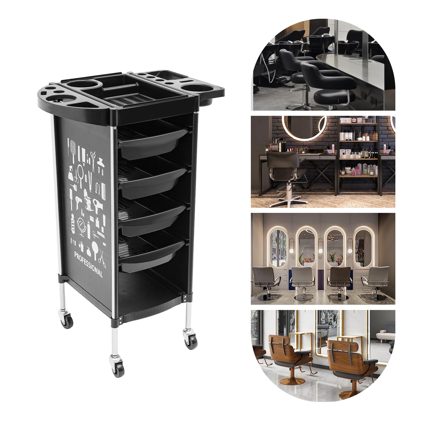 Carrito de peluquería con 4 cajones y 2 estantes, carrito de trabajo con ruedas, carrito de polipropileno con parte superior plegable, capacidad de carga 30-50 kg, para peluquería, salón de belleza y