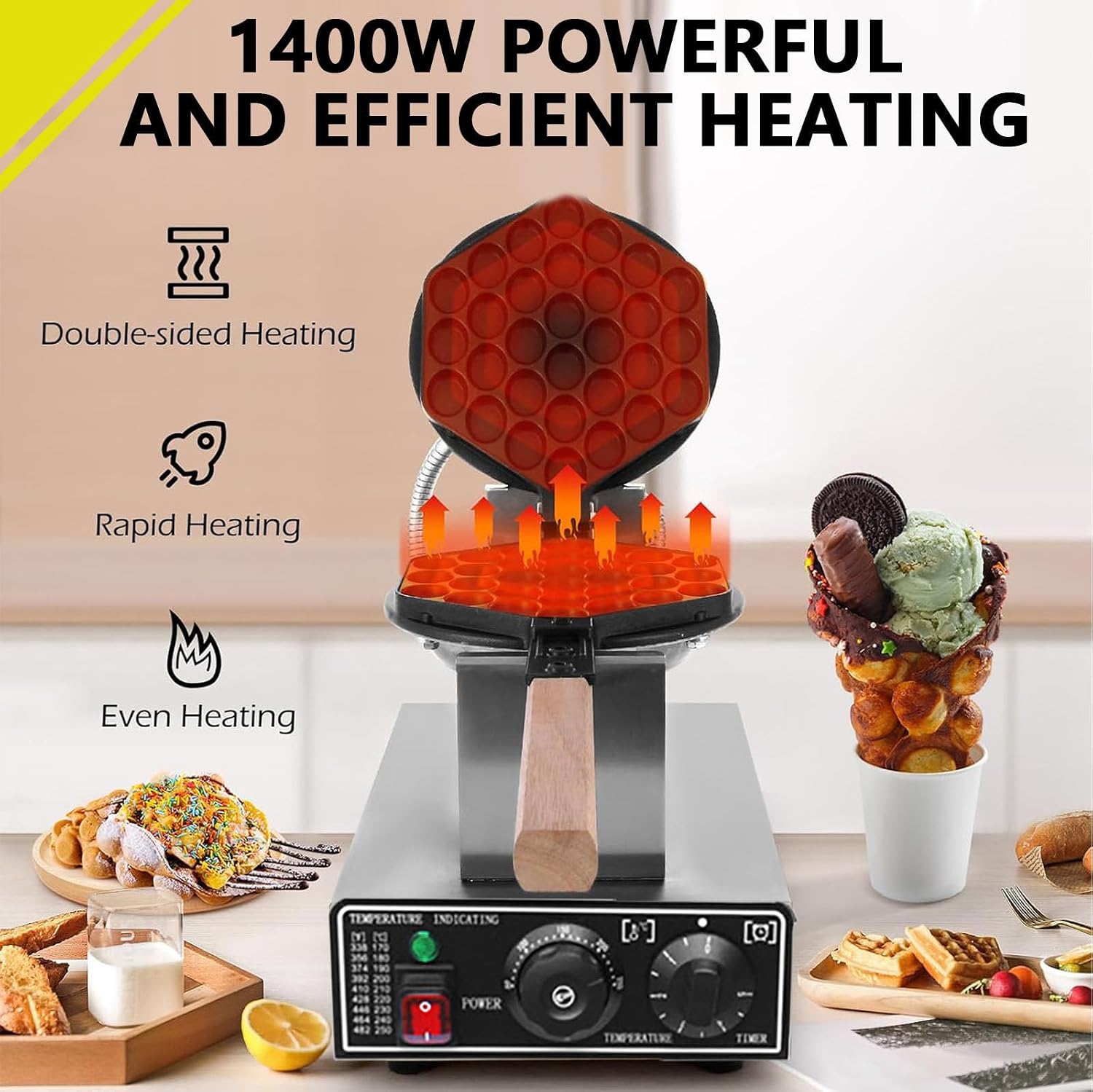 Bubbles Waffle Maker 1400W Commercial Bubbles Waffle Maker Machine Non-Stick Egg Waffle Maker Electric Bubbles Waffle Baker for Home or Commercial Use