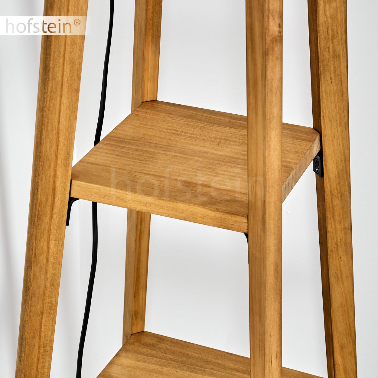 Stehleuchte Bassagoda, Stehlampe aus Holz/Stoff in Natur/Beige/Weiß, Leuchte im skandinavischen Design, Schirm Ø 45 cm, Ablageflächen u. Fußschalter, Höhe 148 cm, 1 x E27, ohne Leuchtmittel