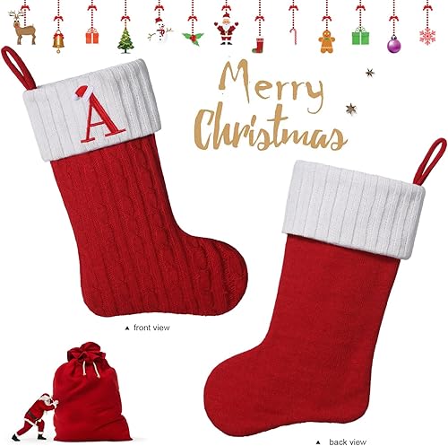 Miniatura 7 de Medias de Navidad con monograma de punto rojo de 19.5 pulgadas, medias de Navidad con inicial personalizadas, decoración de fiesta de Navidad
