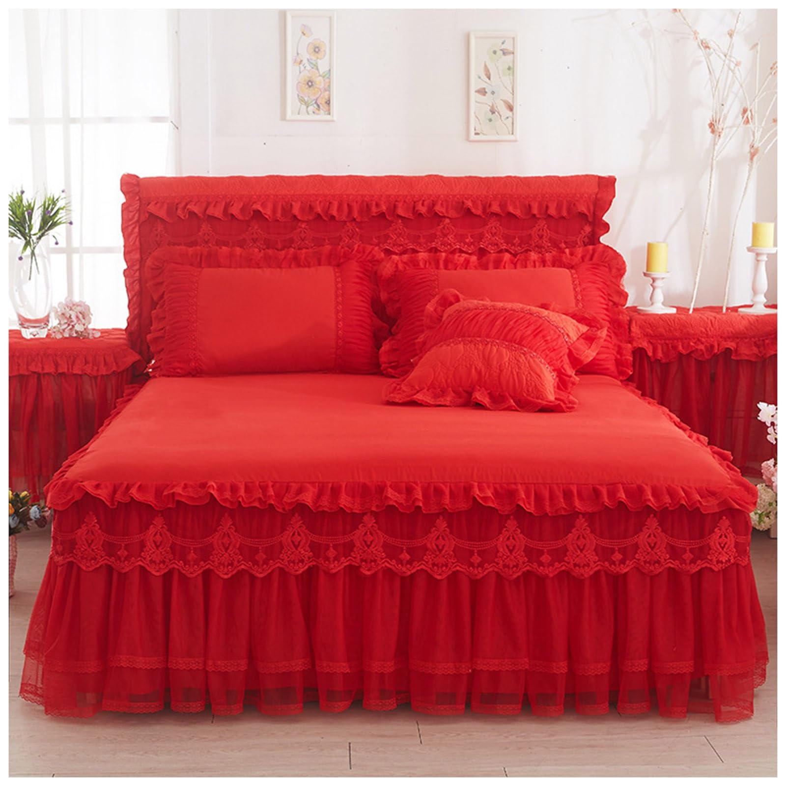 Falda de cama de 120x200 cm de 3 piezas en color rojo brillante con colcha de encaje