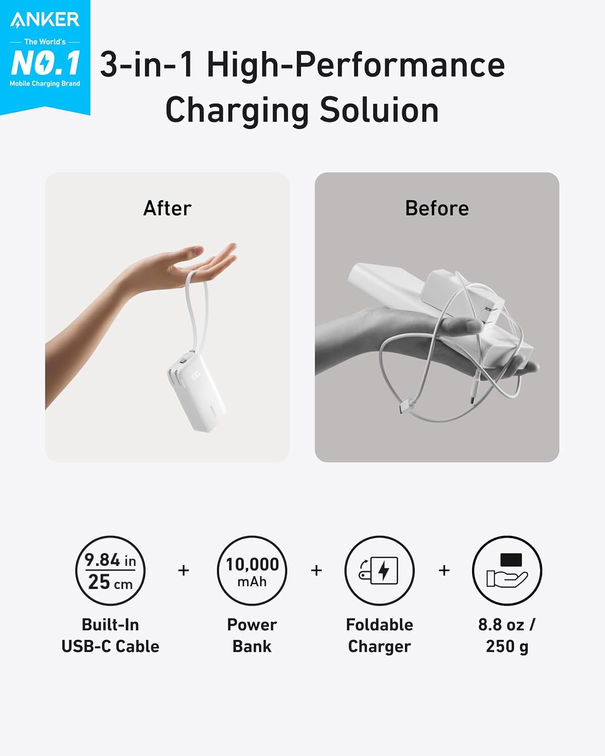 Anker Nano 3 en 1: Power Bank 10000mAh 30W con USB-C y Enchufe Plegable 3