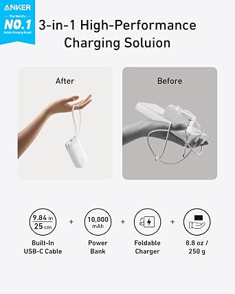 Anker Nano 3-in-1 Portable iPhone Charger, 10,000mAh Power Bank with Built-in USB-C Cable and Foldable Wall Plug, 30W Max Battery Pack, Travel Essentials for iPhone 17/16/15 Series (Pink)