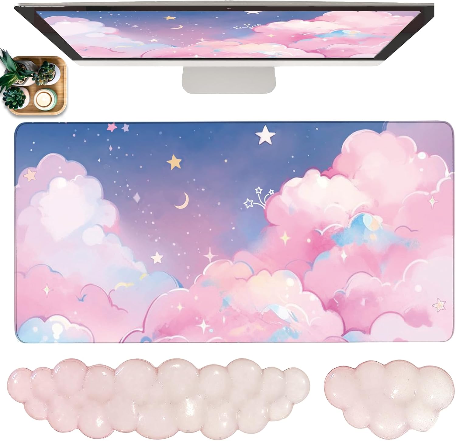 Pink Gel Cloud Wrist Rest Keyboard Clear Mouse Wrist Rest and Cloud Large Mouse Pad Starry Sky Extended Gaming Desk Pad 3PCS
