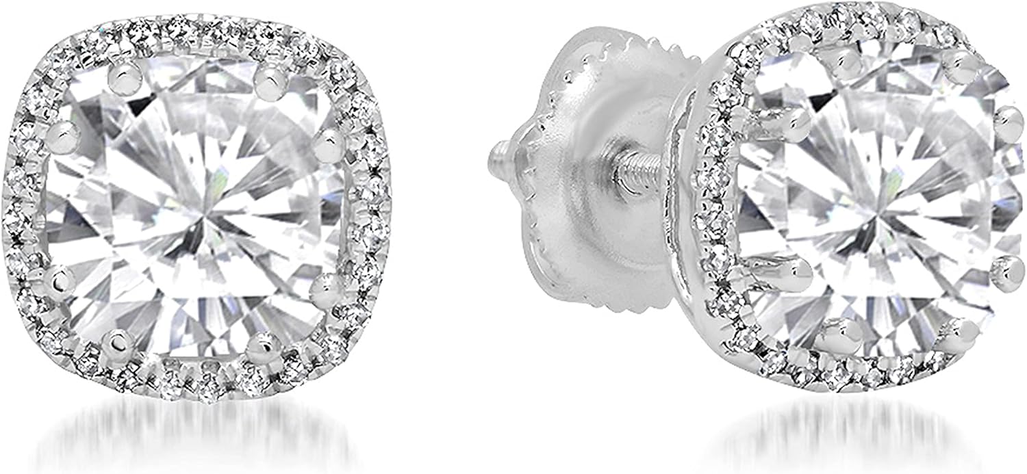 Dazzlingrock Collection 6mm Cushion Lab Created Gemstone & Round Natural Diamond Women Halo Stud Earrings, 14K White Real Solid Gold