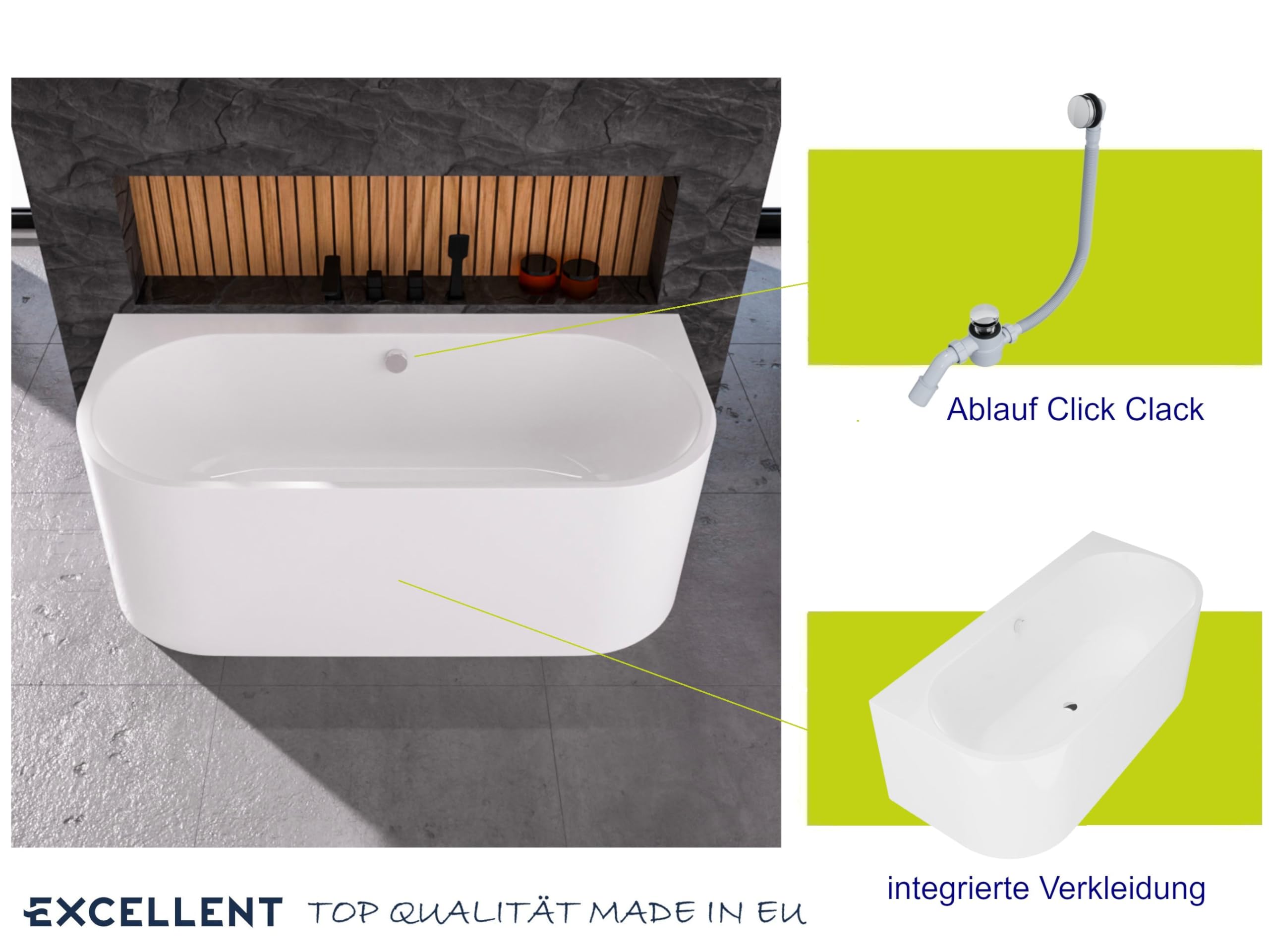 ECOLAM Vorwandbadewanne halb freistehende Badewanne Vigoo Wall I moderne Wandbadewanne Wanne Top QUALITÄT Acrylwanne I Wandmontage Komplett Set Click Clack (Ablauf chrom, 160 x 75 cm)
