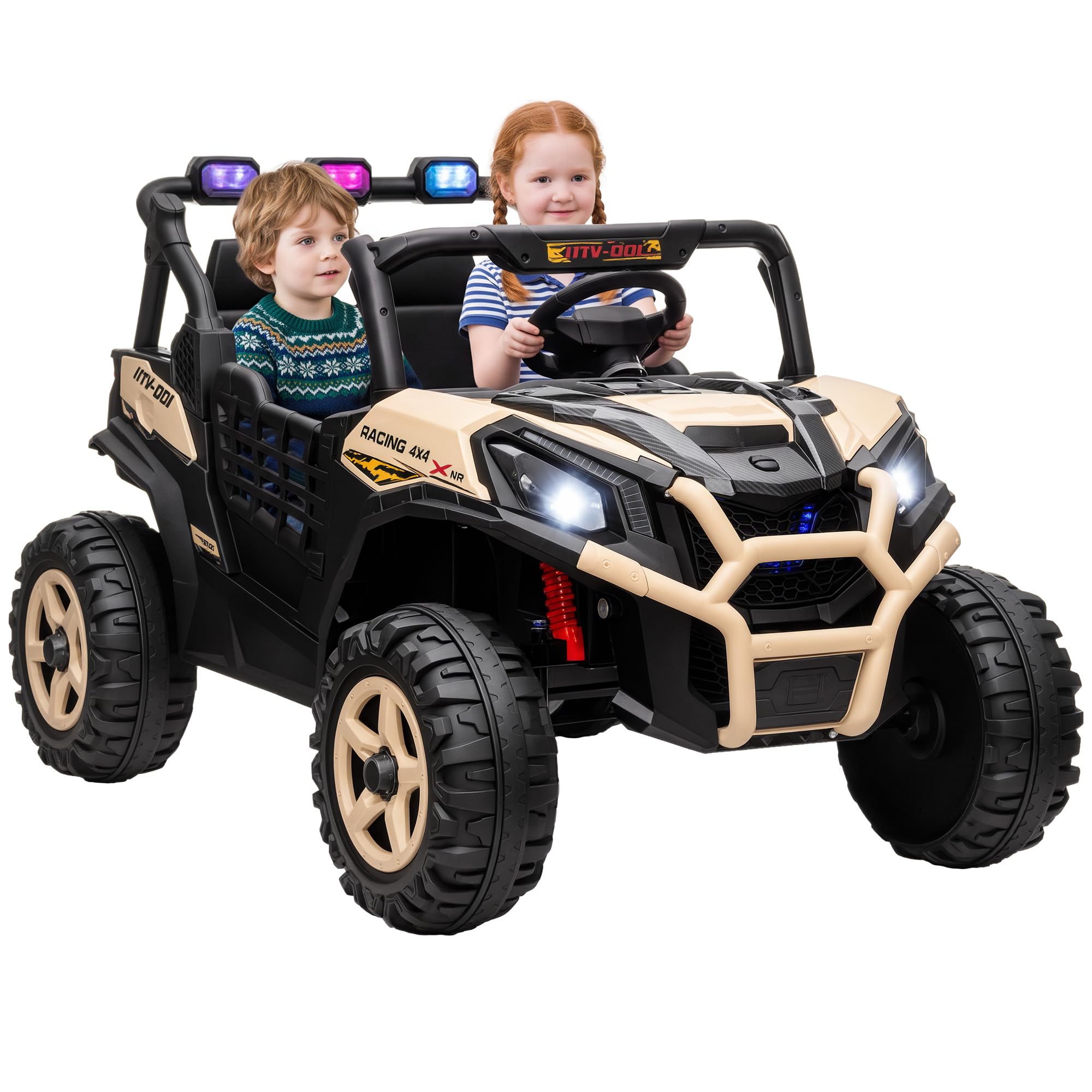 AIYAPLAY Kids Electric Ride on Car 2-Seater with Remote Control 24V Khaki | Truck UTV, Suspension System, LED Lights, Horn, Music, for 3-8 Years