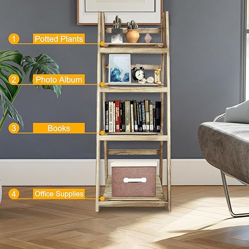 Miniatura 8 de Babion Estante de escalera de 4 niveles, estante de escalera para plantas, estantes plegables marrones, estante de madera, soporte independiente