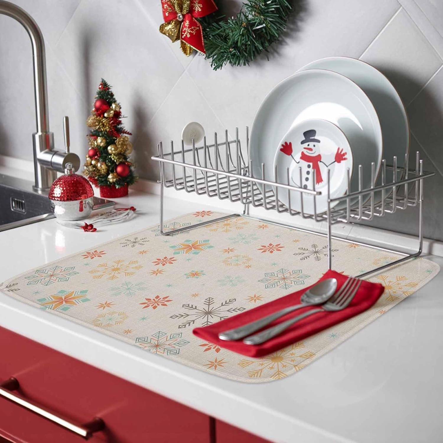 Vintage Christmas Snowflakes Dish Drying Mats for Kitchen Counter,Absorbent Microfiber Dish Drainer Rack Mat Geometric Pattern on Linen Drying Pad for Sinks,Utensils,Countertops,18x24in