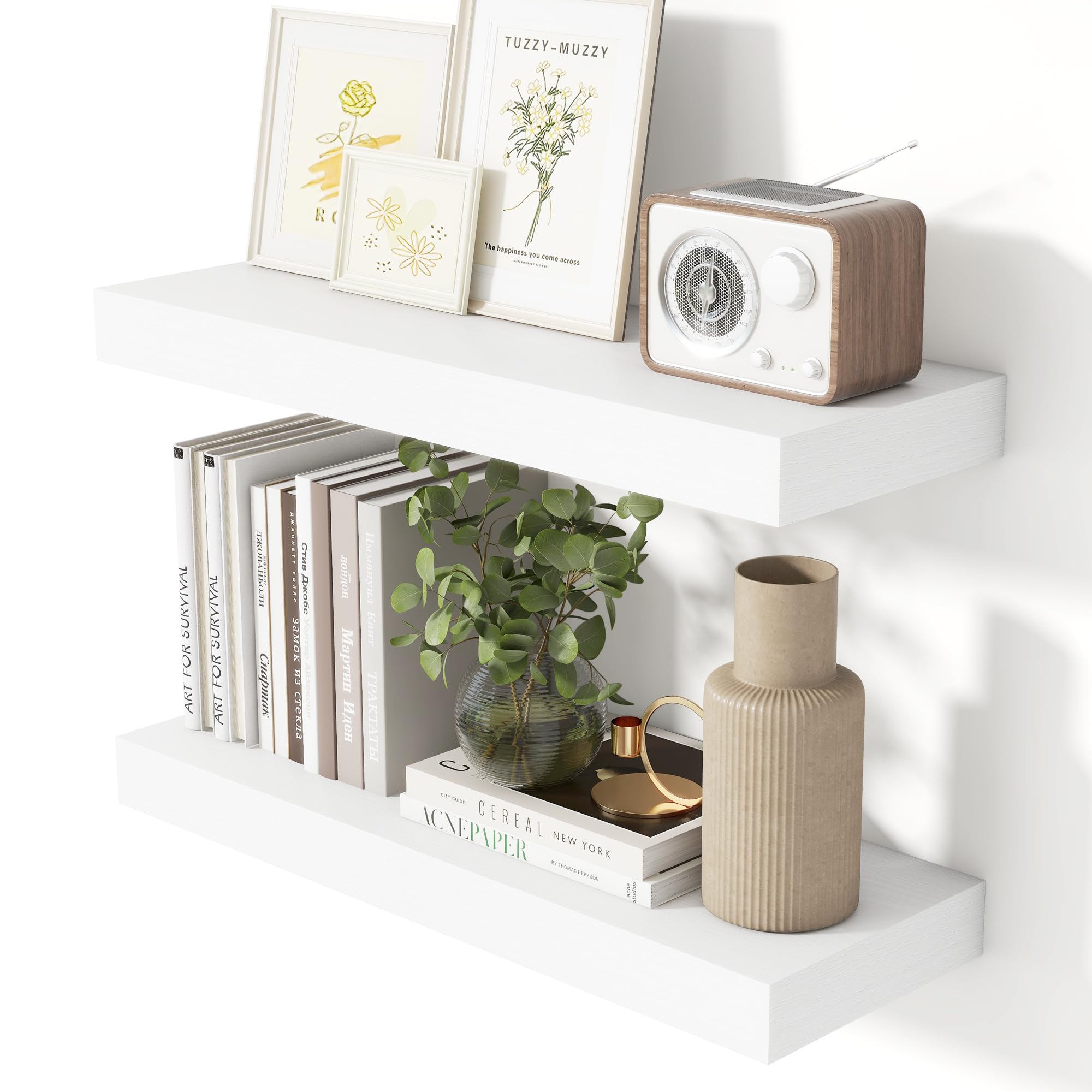 Heimlove Floating Wall Shelves Set of 2, 50cm Mounted Shelves for Living Room, Kitchen, Bedroom (White)