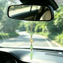 Cross Crystal Hanging Car Charm - Cute Healing Stones Rear View Mirror Decor, Boho Handmade Sun Catcher Ornament with Green Aventurine Crystal- Meaningful Gift for Women